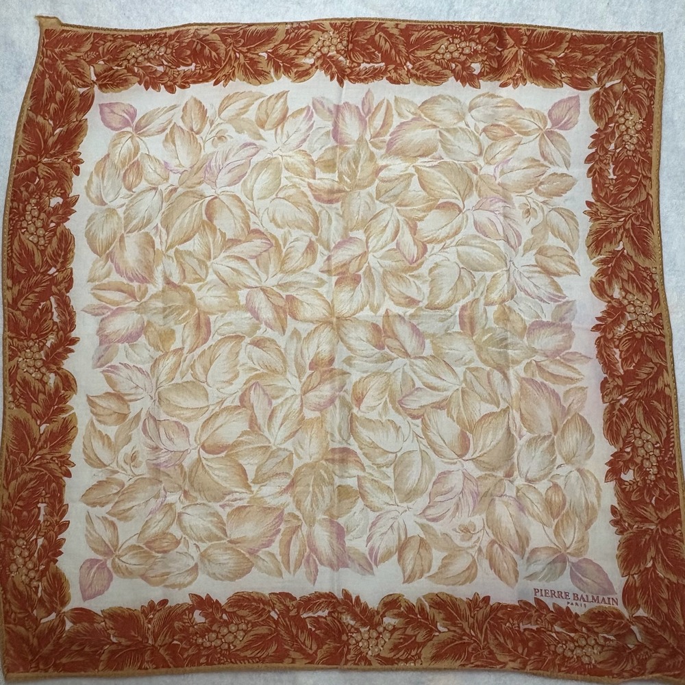 Vtg PIERRE BALMAIN Scarf Handkerchief Leaf Silk Beige Orange 16"